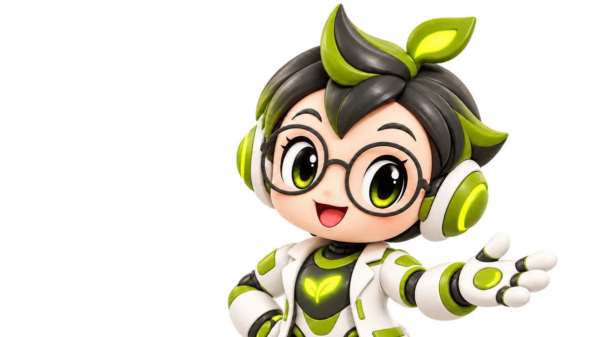 The Dr. KiWi mascot: a green energy scholar in glasses, headphones and a white lab coat, smiling and reaching out in welcome.
