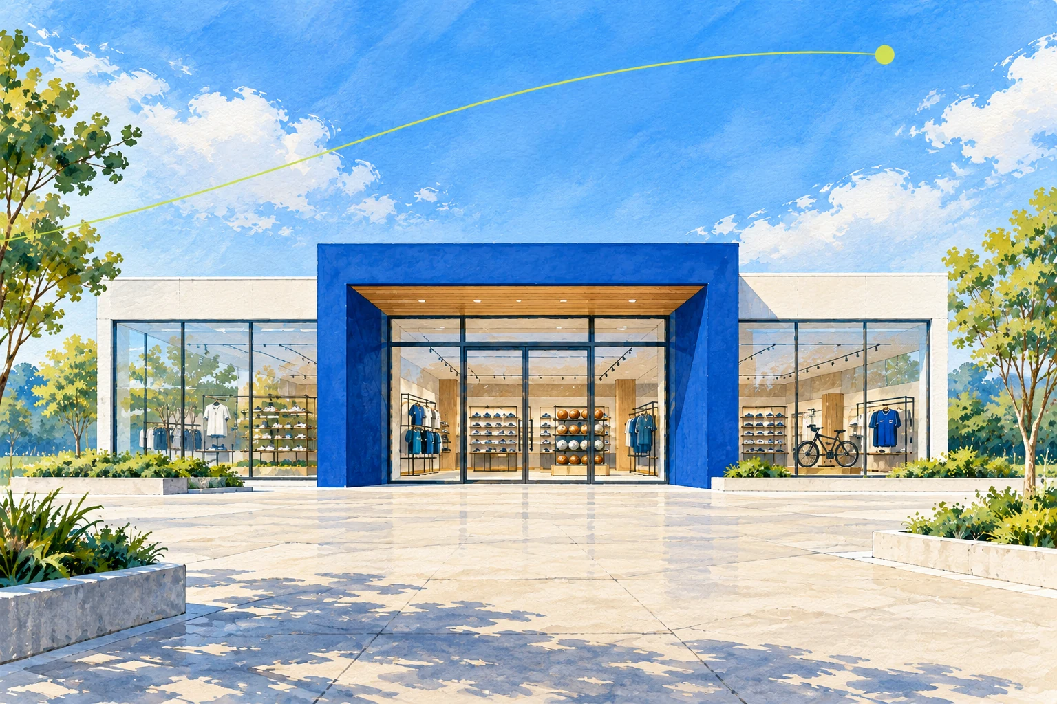 Decathlon partnership concept illustration: blue-white sports retail architecture, not an actual store